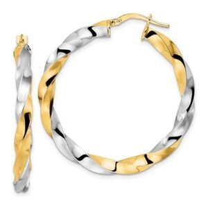 14K and Rhodium Polished Twisted Hoop Earrings